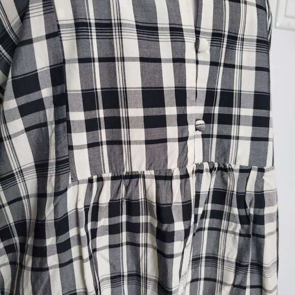 Black & White Plaid Button Down Shirt Blouse Checks  Balloon Sleeves Baby Doll - Picture 5 of 8